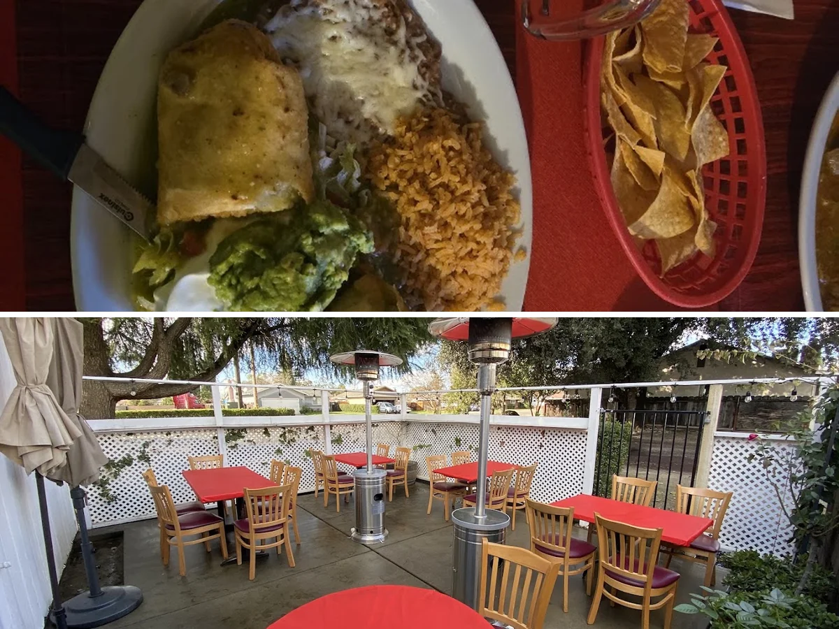Colorful Mexican restaurant dining room with table seating.