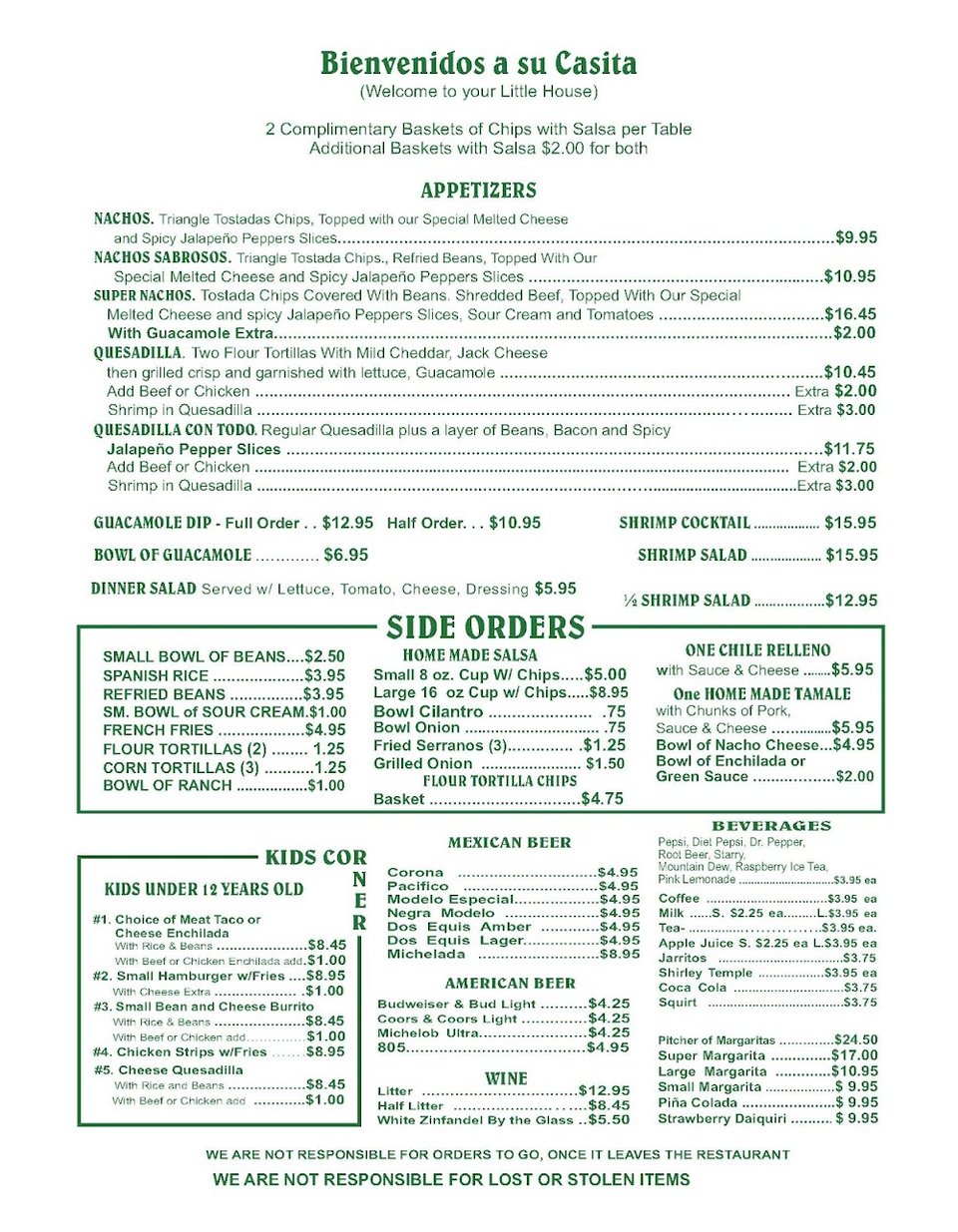 Restaurant menu featuring appetizers, sides, and beer.